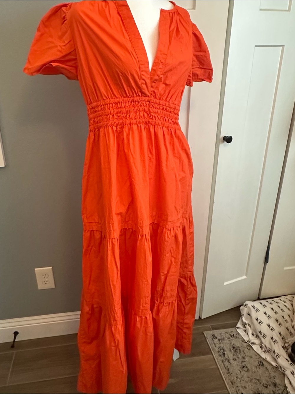 Quince Orange V-Neck Tiered Maxi Dress with Smocked Waist